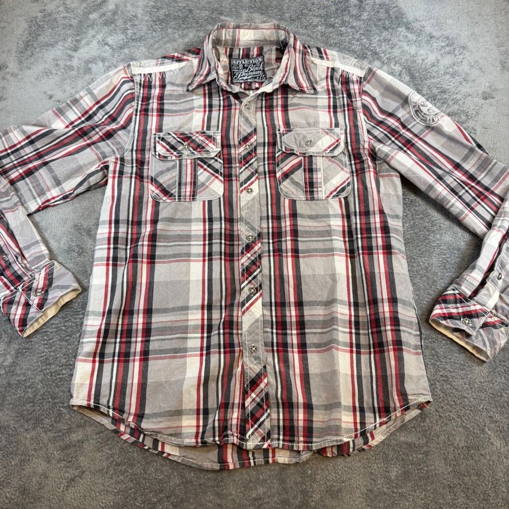 Affliction Black Premium Mens Plaid Button Down Shirt Red Grey Large Embroidered
